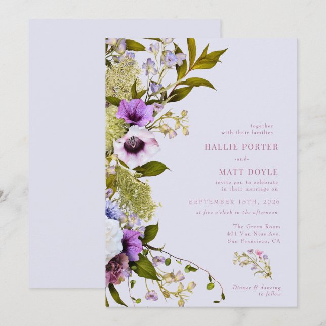 Invitation Fleurs violettes roses | Mariage en fleurs (Devant / Derrière)
