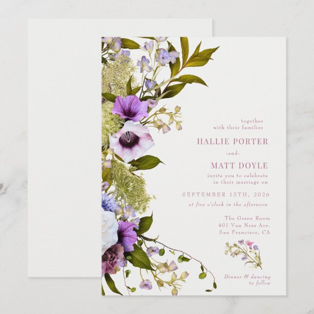 Invitation Fleurs violettes roses | Mariage en fleurs (Devant / Derrière)