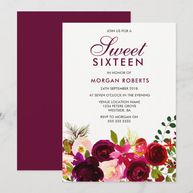 Invitation Fleurs violettes rouges bordeaux Floral Sweet 16 I (Devant / Derrière)
