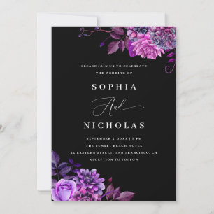 Invitation Fleurs violettes sur fond noir pour mariage Phot