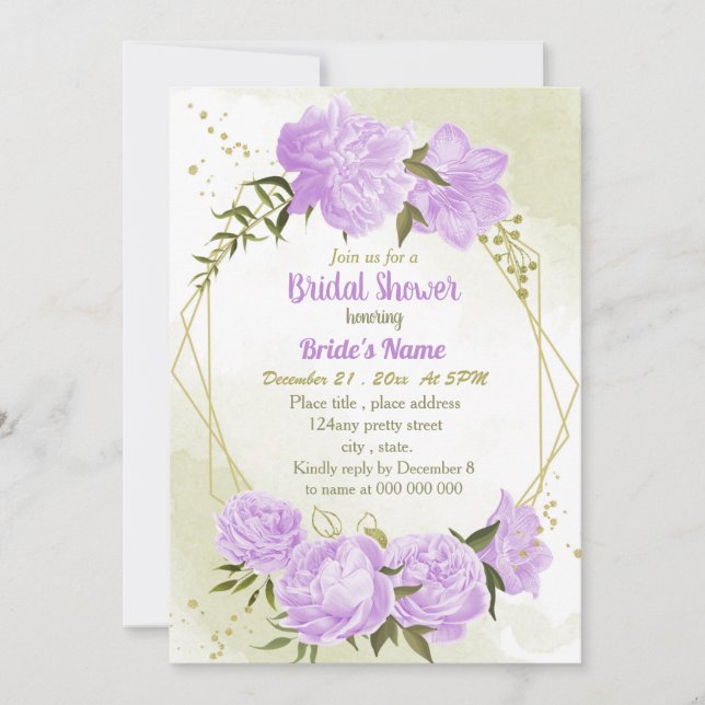 Invitation fleurs violettes verdure douche nuptiale géométriq (Devant)