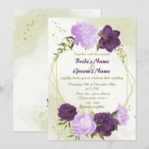 Invitation fleurs violettes vert feuille mariage