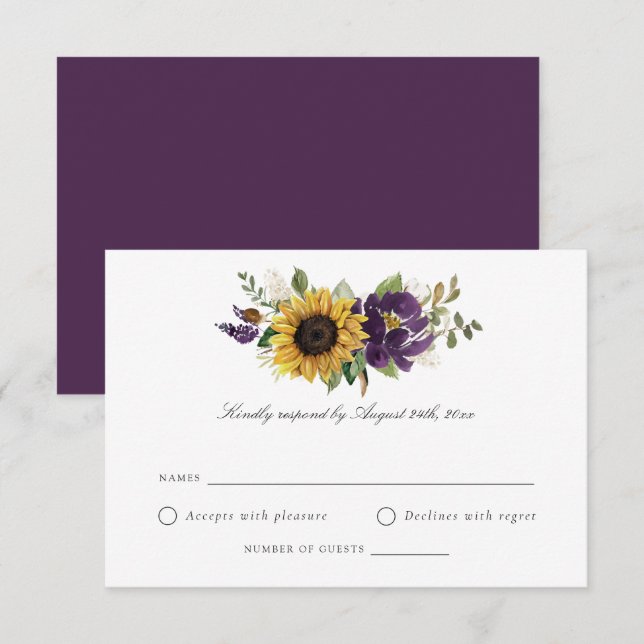 Invitation Fleurs violettes violettes de tournesol Mariage RS (Devant / Derrière)