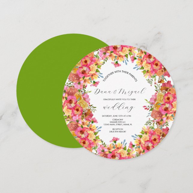 Invitation Fleurs vives Mélange rose Aquarelle Mariage Cercle (Devant / Derrière)