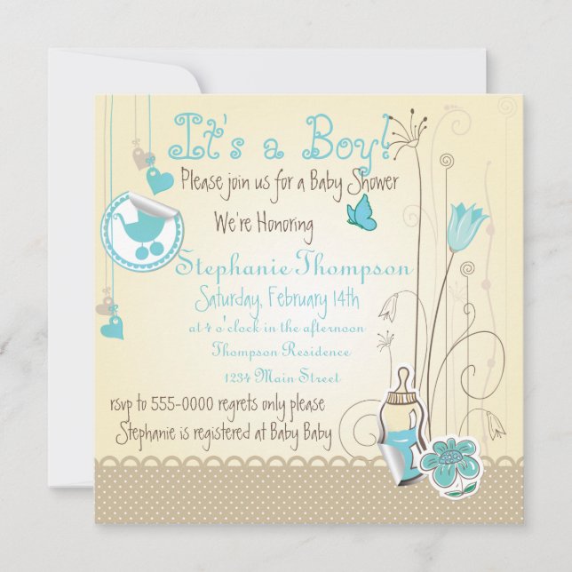 Invitation Fleurs Whimsical C'est un Baby shower garçon (Devant)