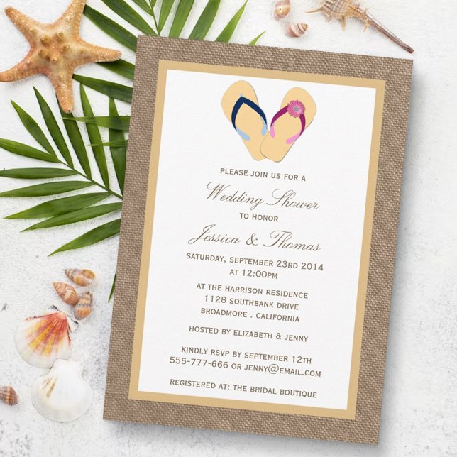 Invitation Flip Flop Sandy Beach Sur Burlap Wedding shower (Créateur téléchargé)