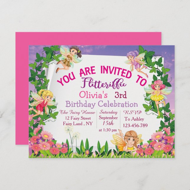 Invitation Flitteriffic Pink Magic Fairy Land 3e anniversaire (Devant / Derrière)