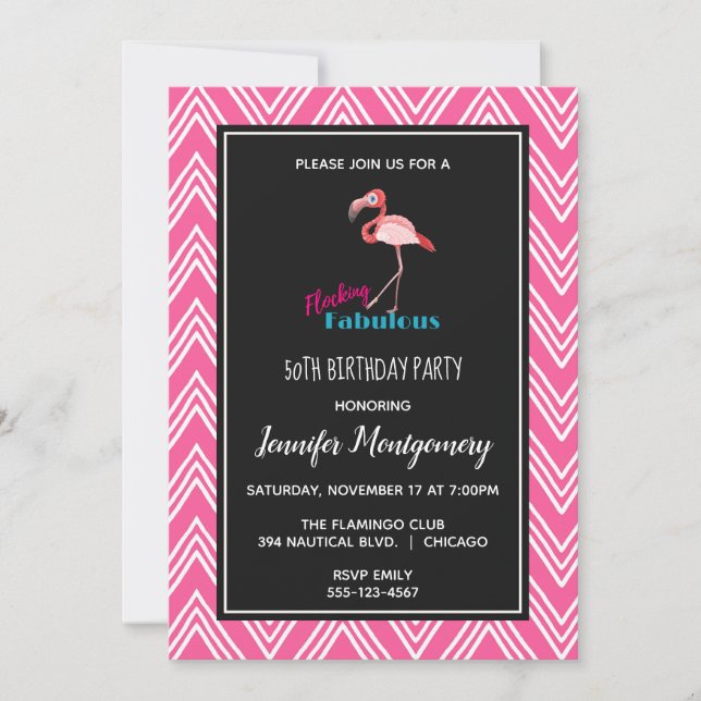 Invitation Flocking Fabulous avec Flamant rose rose Anniversa (Devant)