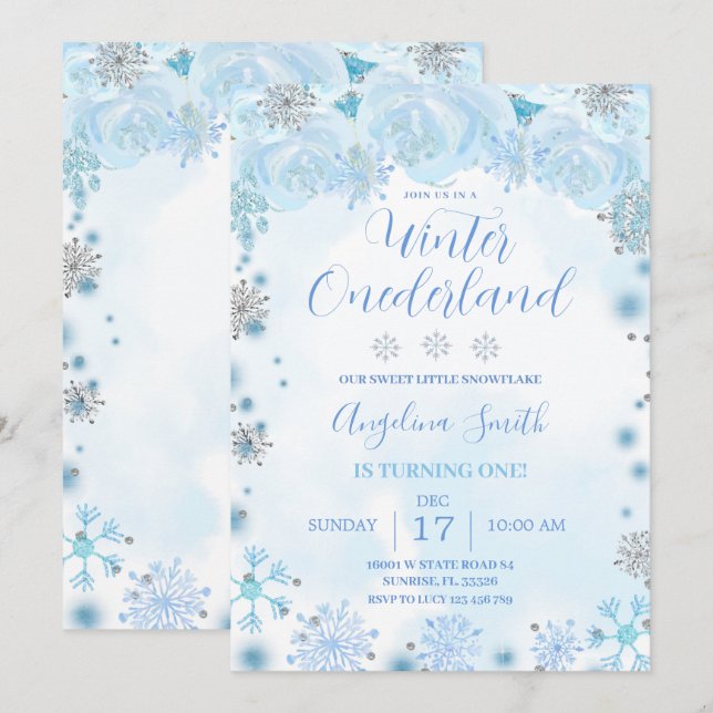 Invitation Flocon de neige bleu Anniversaire Hiver Onederland (Devant / Derrière)