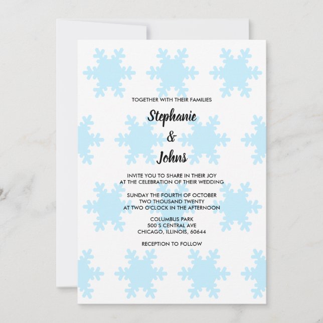 Invitation Flocon de neige Bleu Blanc Élégant Mariage tendanc (Devant)