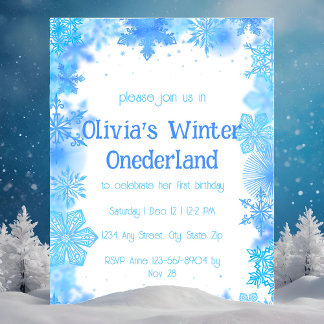 Invitation Flocon de Neige Bleu Fête Onederland Hiver