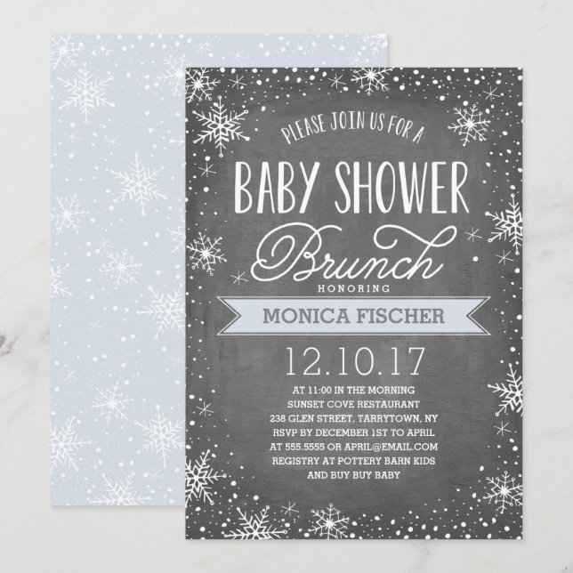 Invitation Flocon de neige d'hiver Baby shower Brunch Chalkbo (Devant / Derrière)
