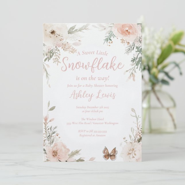 Invitation Flocon de neige d'hiver Feuilles aquarelles rose (Debout devant)