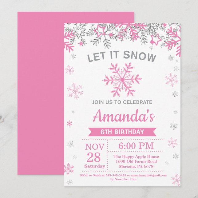 Invitation Flocon de neige d'hiver rose et argent fille Anniv (Devant / Derrière)