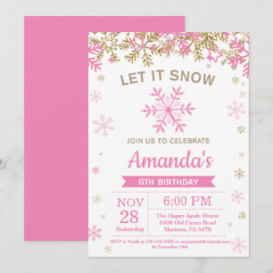 Invitation Flocon de neige d'hiver rose et or fille Anniversa