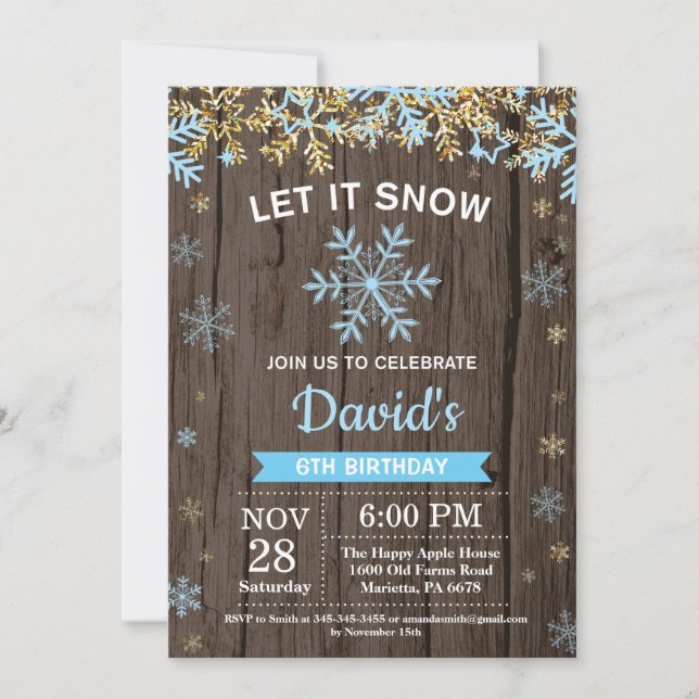 Invitation Flocon de neige d'hiver rustique Bleu et Gold Boy  (Devant)