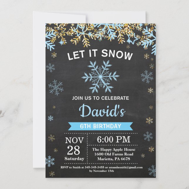 Invitation Flocon de neige d'hiver rustique Bleu et Gold Boy  (Devant)