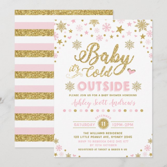 Invitation Flocon de neige d'or de rose d'invitation de baby (Devant / Derrière)