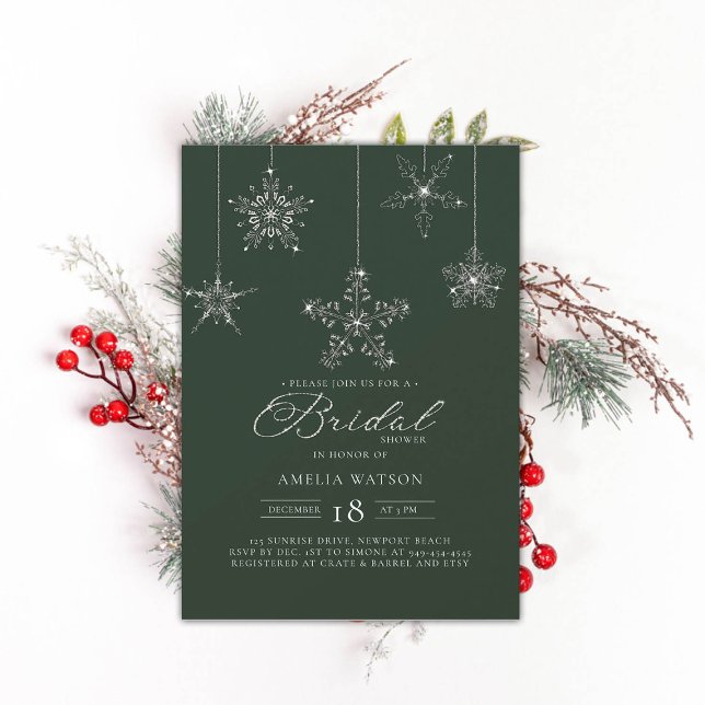 Invitation Flocon de neige en pierre Fête des mariées d'hiver (rhinestones bridal shower invitation glitter snowflakes dark sage green modern festive classy bling )