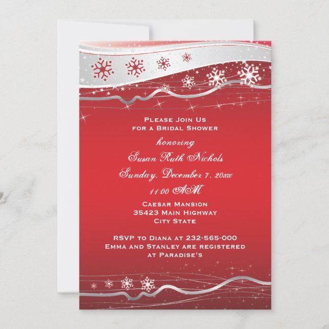 Invitation Flocon de neige gris rouge, argent mariage douche  (Devant)