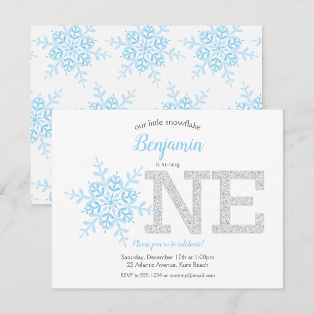 Invitation Flocon de neige Parties scintillant d'argent bleu  (Devant / Derrière)