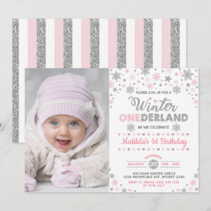 Invitation Flocon de neige rose argenté d'anniversaire