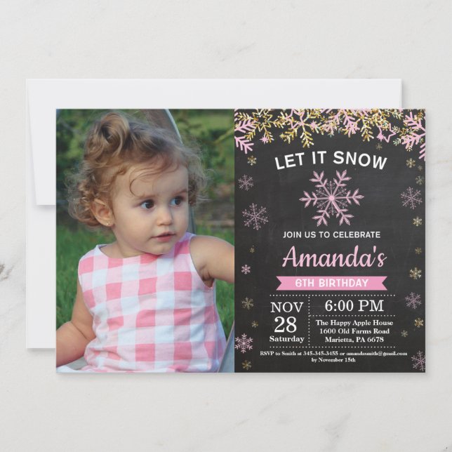 Invitation Flocon de neige rustique hiver Rose Gold Girl Anni (Devant)