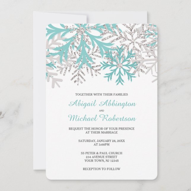 Invitation Flocon de neige Turquoise Bleu Argent Mariage d'hi (Devant)