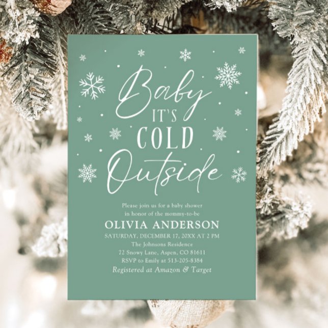 Invitation Flocon de neige vert bébé Il fait froid à l'extéri (Green Snowflake Baby It's Cold Outside Baby Shower Invitation)