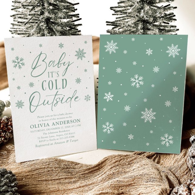 Invitation Flocon de neige vert bébé Il fait froid à l'extéri (Green Snowflake Baby It's Cold Outside Baby Shower Invitation)
