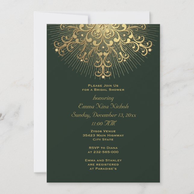 Invitation Flocon de neige vert mariage hiver nuptiale d'or (Devant)