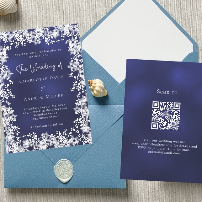 Invitation Flocons de neige bleu marine mariage d'hiver Code  (Créateur téléchargé)