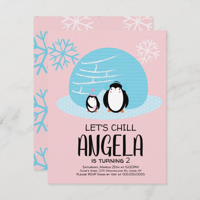 Invitation Flocons de Neige de l'Igloo de Pingouin Anniversai (Devant / Derrière)