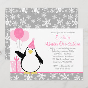 Invitation Flocons de neige de pingouin Anniversaire Onederla
