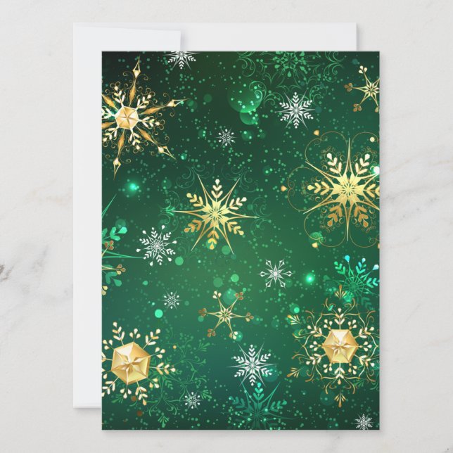 Invitation Flocons de neige dorés de Noël sur fond vert (Devant)