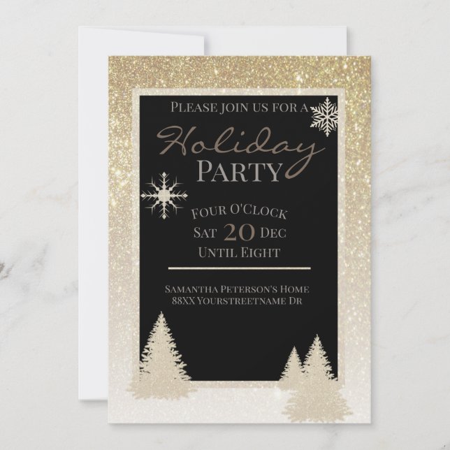 Invitation Flocons de neige et pins paillettes or brillant (Devant)