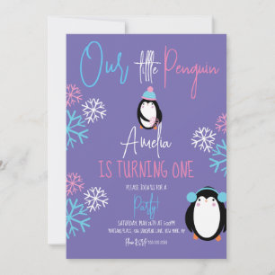 Invitation Flocons de Neige Manchots Rose Bleu 1er Anniversai