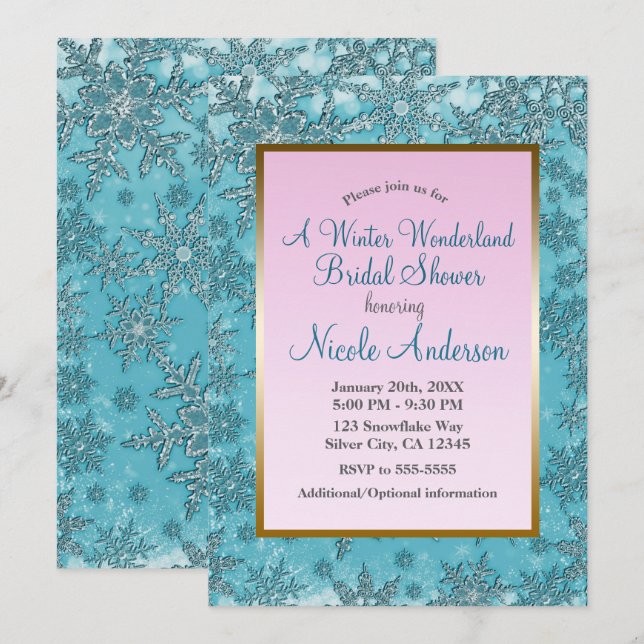 Invitation Flocons de neige rose sarcelle Fête de mariage d'h (Devant / Derrière)