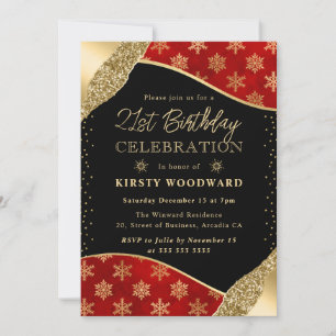 Invitation Flocons de neige rouges et dorés 21e anniversaire