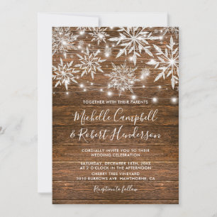 Invitation Flocons de neige rustiques mariage d'hiver en bois