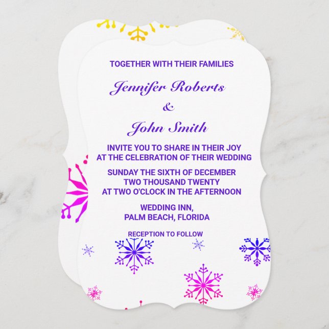 Invitation Flocs de neige Motif coloré unique Mariage blanc (Devant / Derrière)