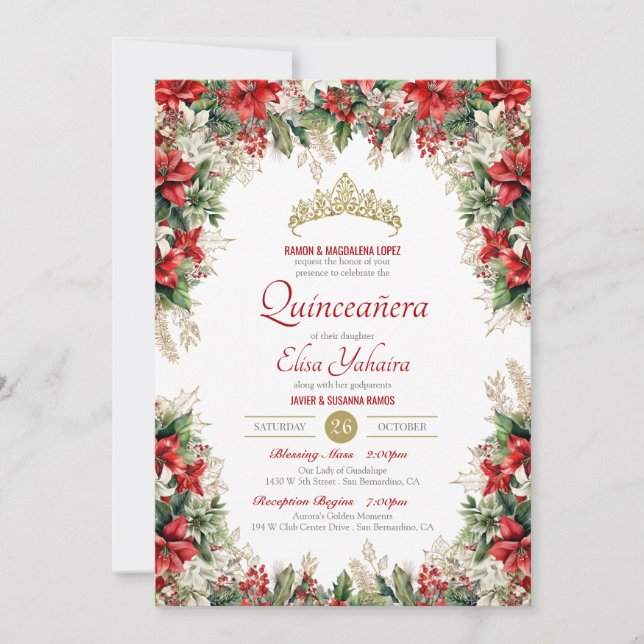 Invitation Flor de Noël de Pascua Red Holiday Quinceañera (Devant)