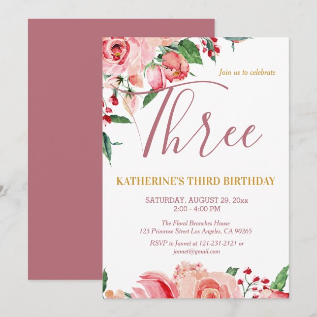 Invitation Flora Blush Rose or Aquarelle Flora Anniversaire (Devant / Derrière)