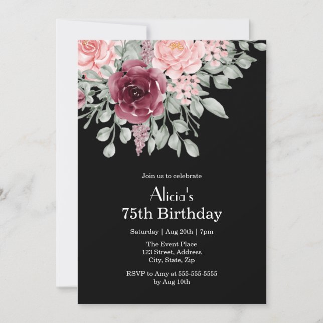 Invitation Flora élégant Rose Bourgogne 75e anniversaire (Devant)