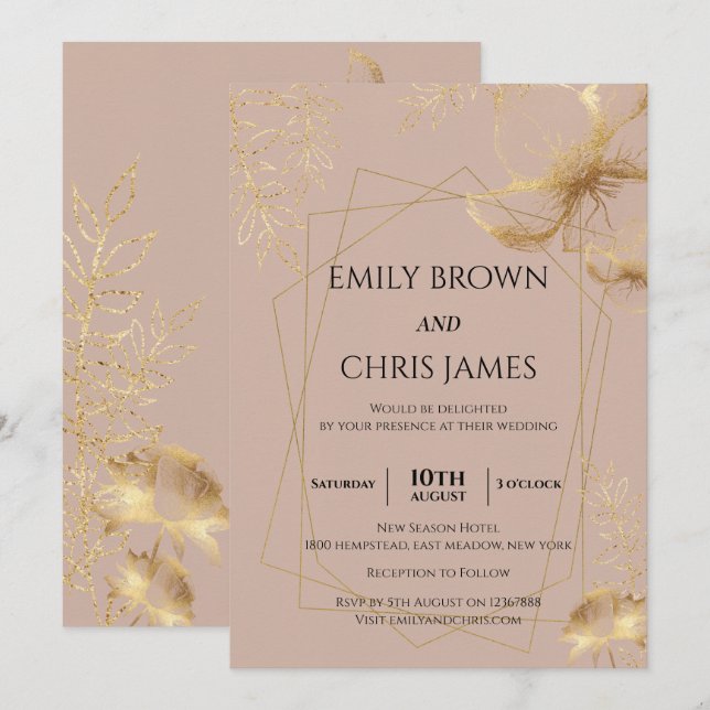 Invitation Floraison dorée | Cérémonie Mariage moderne (Devant / Derrière)