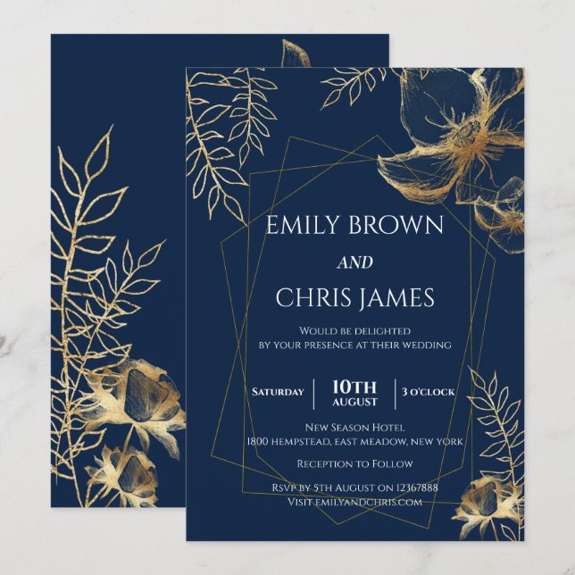 Invitation Floraison dorée | Cérémonie Mariage moderne (Devant / Derrière)