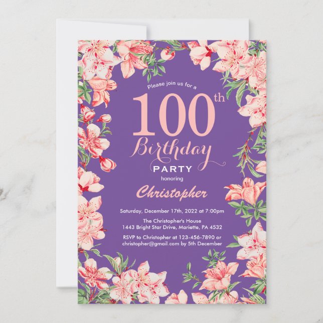 Invitation Floral 100e Anniversaire Fleurs roses Violet viole (Devant)