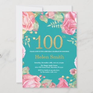 Invitation Floral 100e Anniversaire Parties scintillant or et