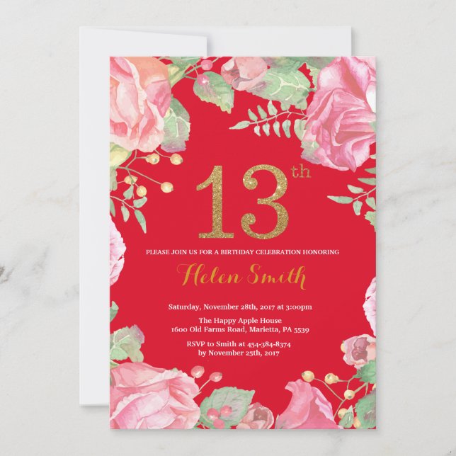 Invitation Floral 13e anniversaire Gold Parties scintillant R (Devant)