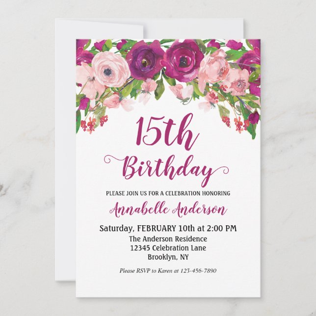Invitation Floral 15e anniversaire violet rose chic aquarelle (Devant)